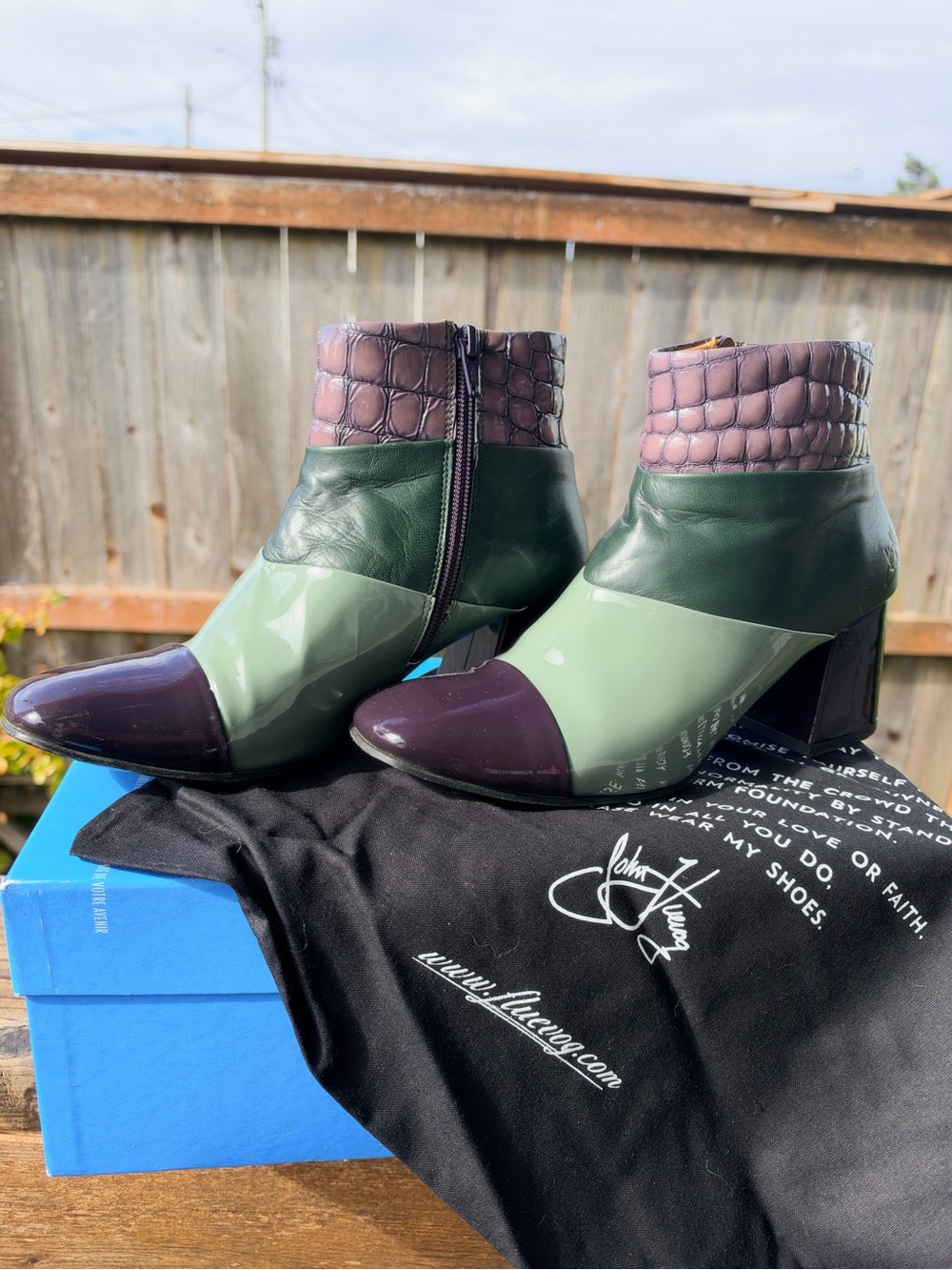 John Fluevog Green and Purple Patent Leather Colorblock Ankle Boots